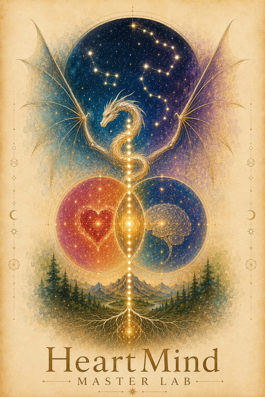 HeartMind Master Lab — the Cosmic Dragon Spine over the Heart and Mind