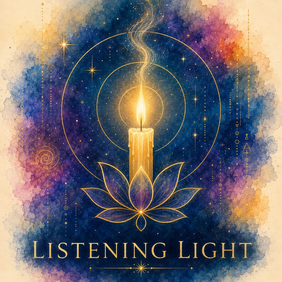 Listening Light — a candle over a lotus, the Listening Light channeled readings and energetic services mark